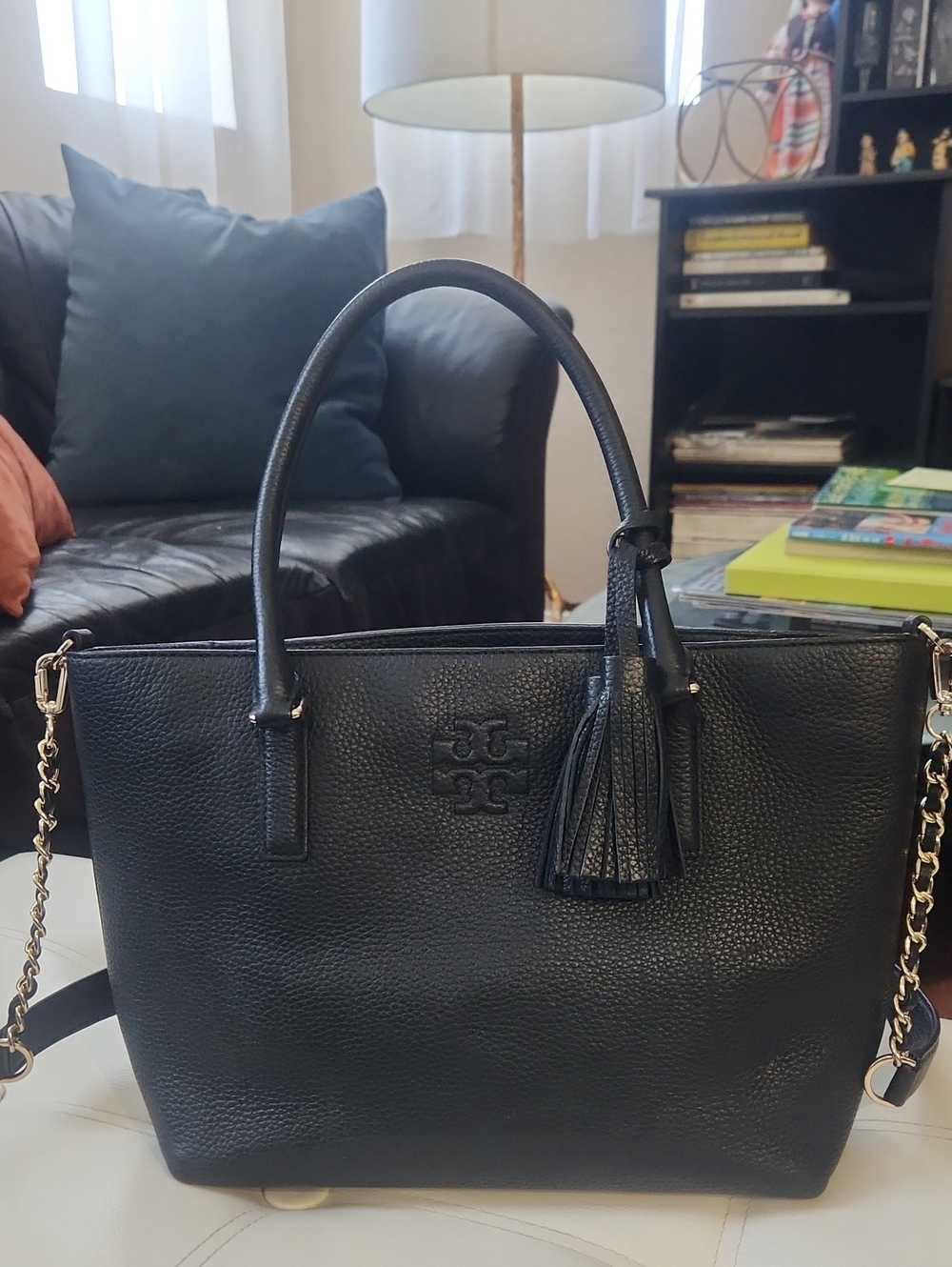 Tory Burch Black Leather Tote with Gold Chain